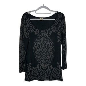 Peruvian Connection Top Womens Small Black Damask Long Sleeve Stretch‎ *Flaw
